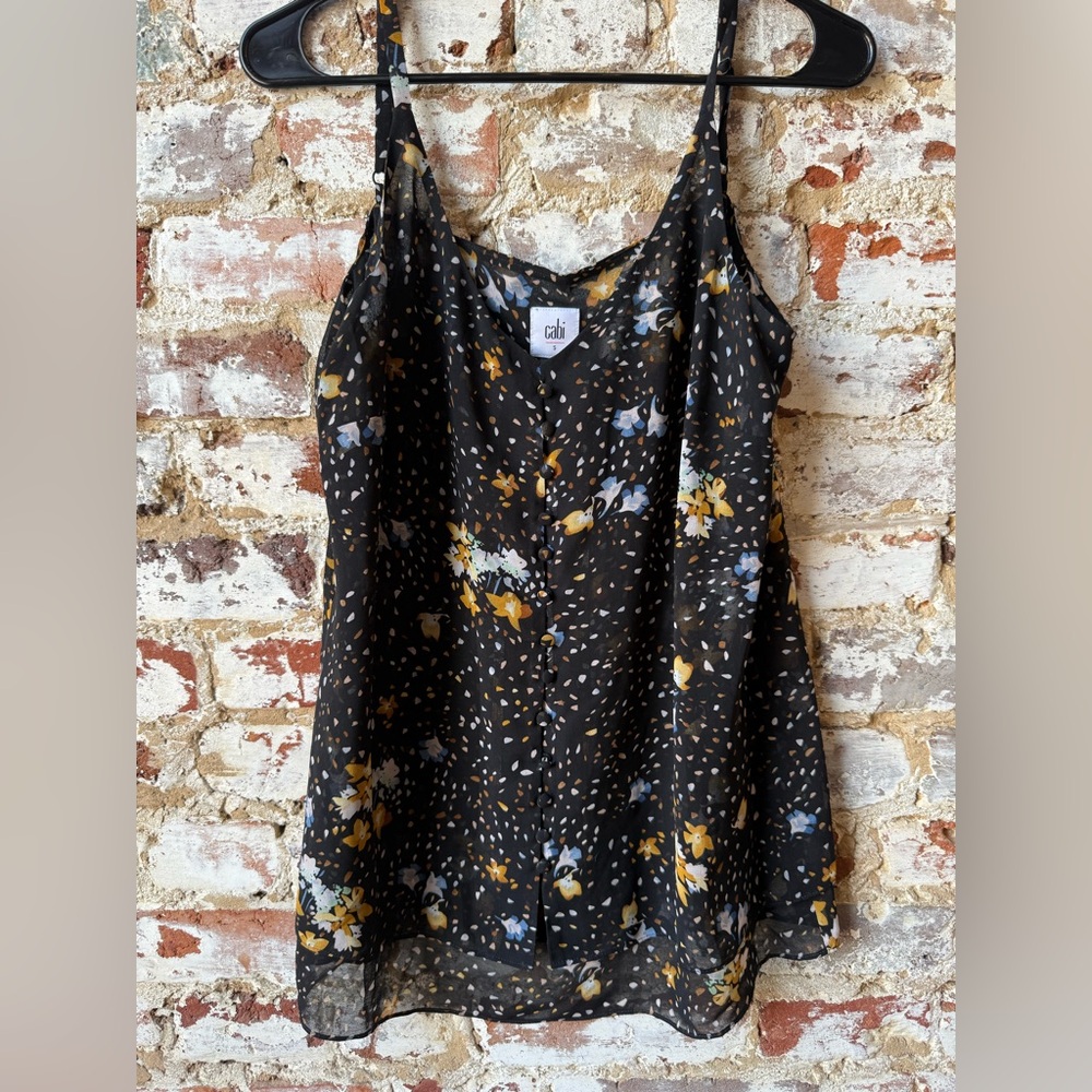CAbi Black Floral Button-Front Cami with Yellow and Light Blue Blooms